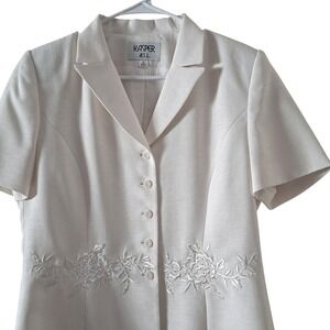 Kasper ASL Blazer Top Women 12 Cream Excellent Short Sleeve Floral Embroidered